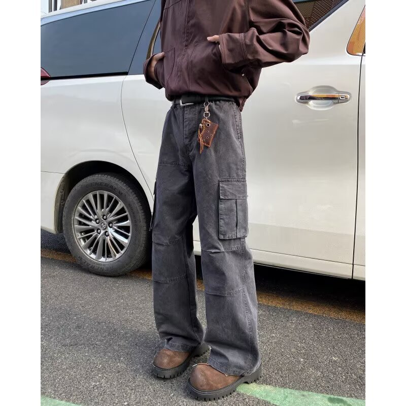 Men's Washed Cotton Cargo Pants Vintage High Street Multi-Pocket Straight Leg Loose Casual Trousers