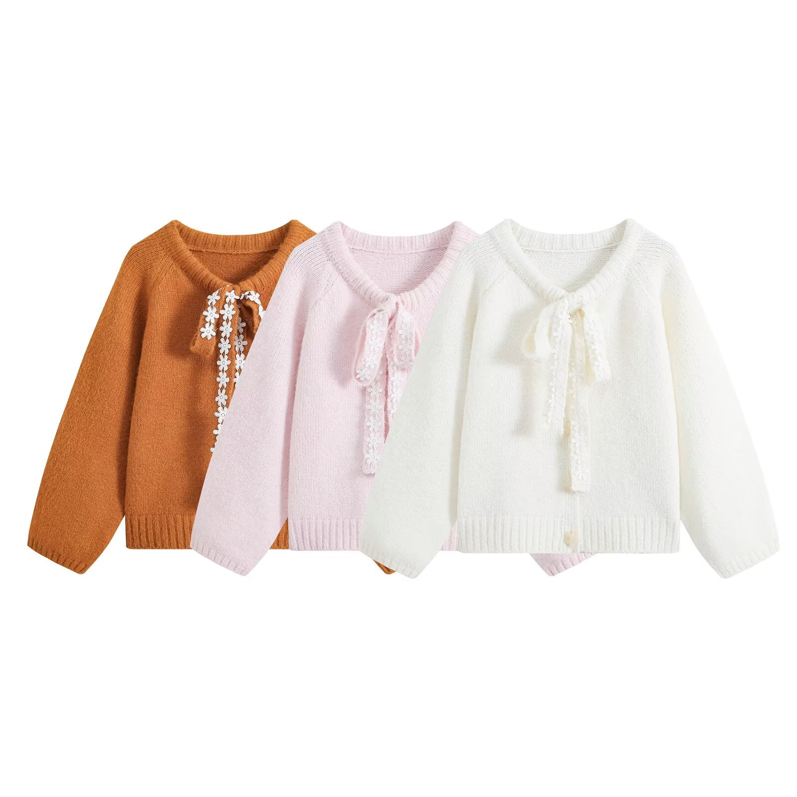 Loose bow embroidery lace collar knitted sweater for women