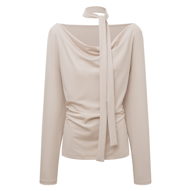One line swinging collar hanging neck ribbon T-shirt