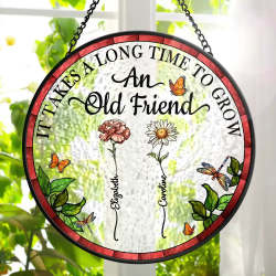 Personalized Stained Glass Window Hanging Suncatcher - Birth Flower "An Old Friend" with floral design