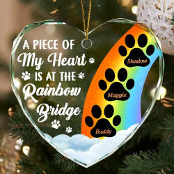 Personalized Rainbow Bridge memorial ornament with pet paw prints.